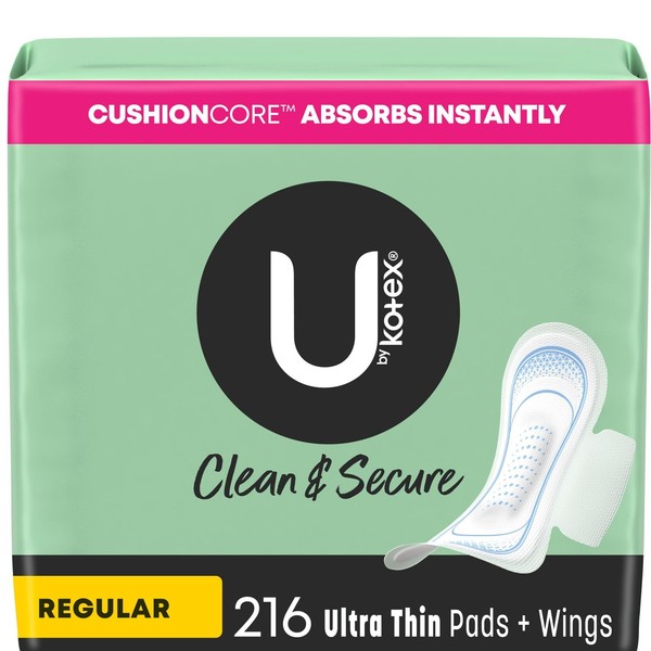 U by Kotex Clean & Secure Ultra Thin Pads with Wings, Regular Absorbency, 216 Count (6 Packs of 36) (Packaging May Vary)
