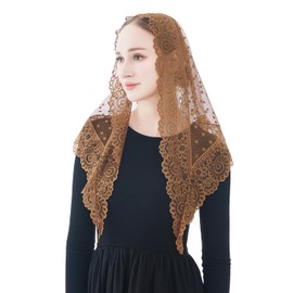 Wgior Triangle Vintage Inspired Lace Chapel Veils Catholic Mass Head Covering Scarf Mantilla Veils for Church (Brown)