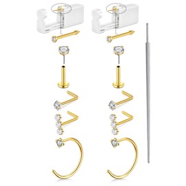 QWALIT Gold Nose Piercing Kit Nose Ring Piercing Gun Self Nostril Piercings Kit with Rings Studs Disposable Nostril Piercings Gun Kits at Home Piercer Tool