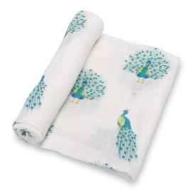LollyBanks Baby Muslin Swaddle Blanket, Soft Baby Girl 47 x 47 Inches, Newborn Blanket for Girls, Registry (Peacock Print, Animal)