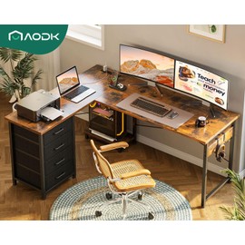 AODK L Shaped Desk with 4 Tier Drawers, 53" Reversible Gaming Desk with Power Outlets, L Shaped Computer Desk with USB Charging Port and Host Stand, Home Office Corner Desk, Easy to Assemble, Vintage