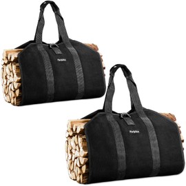 Pariplus 2-Pack Canvas Firewood Carriers - Sturdy Log Carriers for Firewood with Handles and Security Strap, Wood Carrier Tote Bag for Camping, Fireplace, Wood Stove Accessories - Black