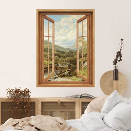 SIGNWIN Removable Wall Sticker/Wall Mural Window View Vintage Forest River Mountain Range Nature Wilderness Fine Art Rustic Decorative Landscape Digital Art for Living Room, Bedroom, Office - 24"x32"