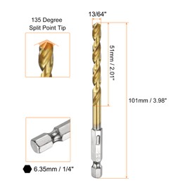 sourcing map 5pcs 1/4" Hex Shank Drill Bit 13/64" Gold Titanium M2 High Speed Steel Twist Drill Bit 135 Degree Split Point Tip Drilling Tool with Quick Change Hex Shank for Metal Wood Plastic
