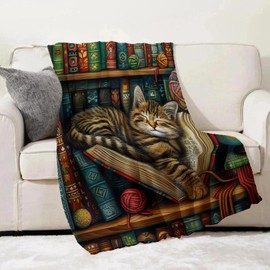 Tabby Cat in Bookshelf Throw Blanket for Adults Kids, 50x60 in, Kitten Theme Flannel Blankets for Bedroom, Couch, Travel, Home Decor, Fuzzy Soft Cozy Warm Gifts