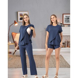 SUNNYBUY 3 Piece Nursing Pajamas Set Postpartum Casual Soft Maternity Pajamas Sleepwear Loungewear Clothing Layer, navy blue