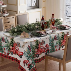 XCHI Christmas Gnomes Truck House Christmas Trees Tablecloth Rectangle Winter Table Coth Washable Table Covers for Indoor Dining Home Party Xmas Decorations 60x84 Inch