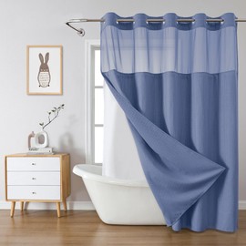 eachope MoonLightBlue Long No Hook Waffle Weave Shower Curtain with snap-in Liner Replacement, 230GSM Waterproof Fabric Hotel Shower Curtain Set for Bathroom, Through Mesh Top Window,71Wx80H