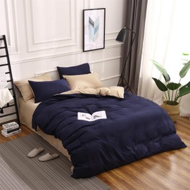 Gezu Bed Linen 135 x 200 cm 2-Piece Dark Blue Khaki Cotton Touch Duvet Cover Set Softer and More Comfortable Bed Linen with 1 Pillowcase 80 x 80 cm with Zip Soft and Non-Iron