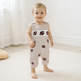 Baby Boy Football Embroidered Overalls Plaid Smocked Sleeveless Shorts Jumpsuit Cute Summer Clothes (Football Rugby Khaki, 6-12 Months)