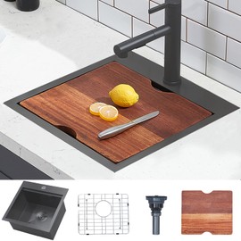 HOTIS 18 x 18 Inch Black Bar Sink Drop in Workstation Sink, Handmade Stainless Steel Wet Bar Sink,Topmount RV Small Kitchen Sink, Outdoor Single Bowl Prep Sink with Dish Grid & Drain & Cutting Board