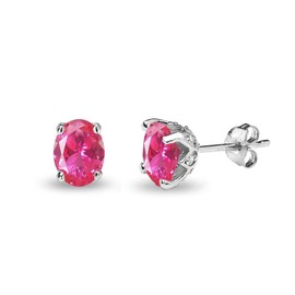 Sterling Silver Genuine or Synthetic Gemstone Oval Crown Stud Birthstone Earrings for Women, Sterling Silver, created pink sapphire