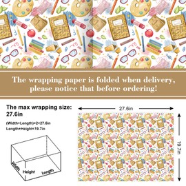 FYSUIMU 6 Sheets Back to School Wrapping Paper -Not Roll- Apples Pencil Books Glasses Gift Wrap Paper Folded Flat Craft Paper for First Day of School Party, 19.7 x 27.6 Inch