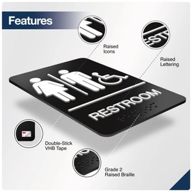 Restroom Signs for Business - ADA Compliant Braille Handicap Bathroom Sign with Double Sided 3M Tape - ABS Plastic Unisex Bathroom Sign 9” x 6” for Offices and Restaurants