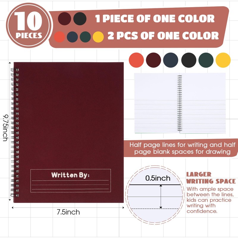 Henoyso 10 Pcs 100/50 Sheets Primary Composition Notebook K-2 Bulk