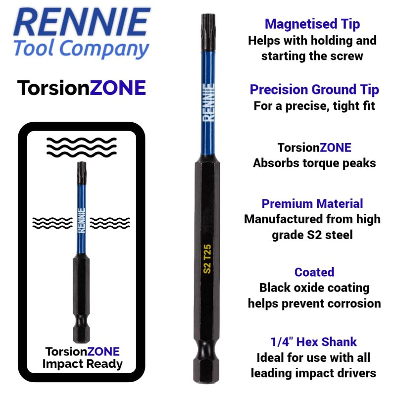 5 x Rennie Tools T25 TX25 Impact Screwdriver Driver Bits