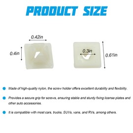 Zpana 50PCS Nylon License Plate Screw Inserts, Car Front Back Mounting Screw Retainer, Vehicle Trim Nut Bracket Clip Fasteners Accessories, Universal for Trucks, SUVs, Motorcycles