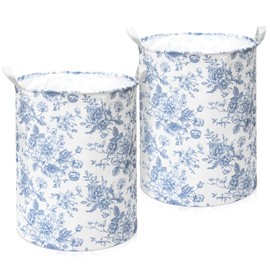 CroBlissful 2 Pcs Laundry Basket Coquette Storage Basket for Girls Nursery Hamper with Handles Foldable Waterproof Collapsible Storage Bin Organizer for College Dorms Bathroom (Chinoiserie)