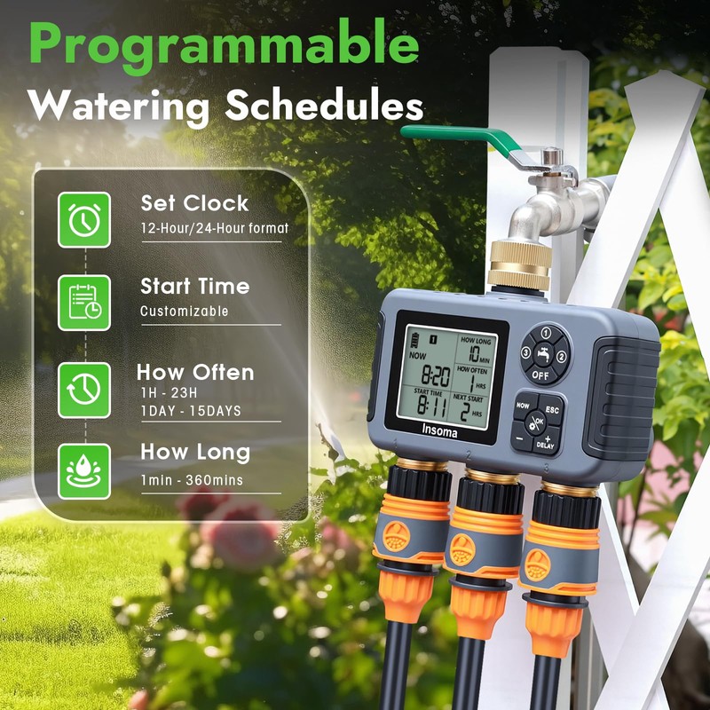 Insoma Water Timer with Brass Inlet, 3 Independent Zones Outdoor