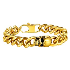 FaithHeart Men's Bracelet Punk Gothic Skull Curb Bracelet in 19 cm 21 cm 23 cm Hip Pop Cuban Curb Bracelet, Silver