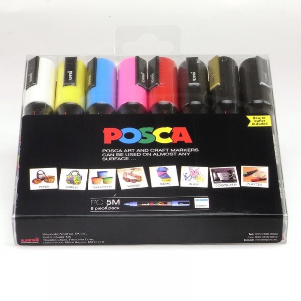POSCA Marker 2.5mm - Gold/Silver/White/Yellow/Light Blue/Pink/Red/Black (Pack of 8)