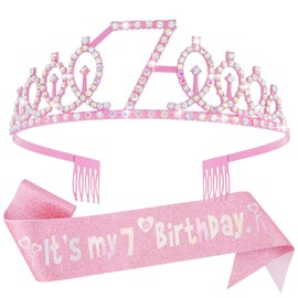 Canitor 7th Birthday Decorations for Girls Birthday Girl Crown Tiara & Glitter Sash Set for 7 Year Old Girl Birthday Gift Birthday Girl Headband Birthday Hat