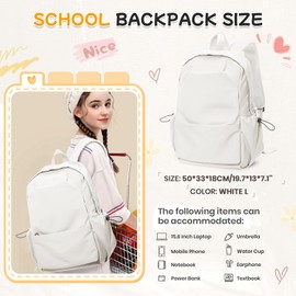 HYC00 School Bag for Girls School Backpack Womens Causal Travel Rucksack for Teenager Girls Boys 15.6 Inch Laptop Backpack Lightweight College Bookbag Daypack Work Bag for Women Men,White L