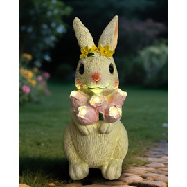 Solar Bunny Garden Light Outdoor Statue – Waterproof Rabbit Figurine with 5 Tulip LED Lights, Auto On/Off Bunny Garden Decor for Patio, Balcony, Lawn, Yard Decorations, Birthday Gifts for Women