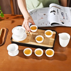 REOWONU Chinese tea set traditional, Chinese gongfu tea set for adults, Gaiwan tea set with 6 cups (Pure white 6cups)