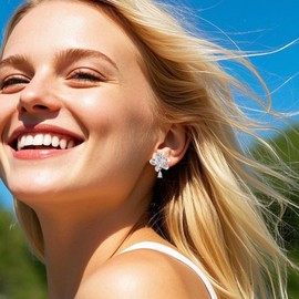 Watforsh Large Silver Flower Stud Earrings for Women Orchid Earrings with Sparkly Teardrop Cubic Zirconia