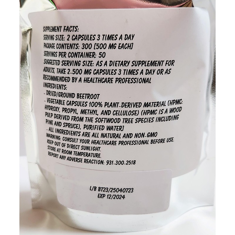 Beetroot Powder Capsules 300 Ct - Pure Herbal Supplement, Fresh