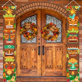 Hawaiian Luau Porch Banner Tropical Moana Birthday Party Decorations Outdoor, Tiki Totem Door Porch Sign for Aloha Hawaii Luau, Tiki Decorations Outdoor Wall Hanging Supplies
