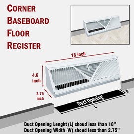 Fits 18" Baseboard Space | Corner Baseboard Register by Handua | Round Type Air Flow Design | 18" External Length Register Vent Cover Grill | Adjustable Lever for Air Flow Control | White