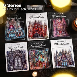 MiyouLuna 60PCS Moonlight City PET Stickers, Large Gothic Castle Stickers for Scrapbooking, DIY Crafts, Journaling, and Junk Journal Ephemera with Organizer