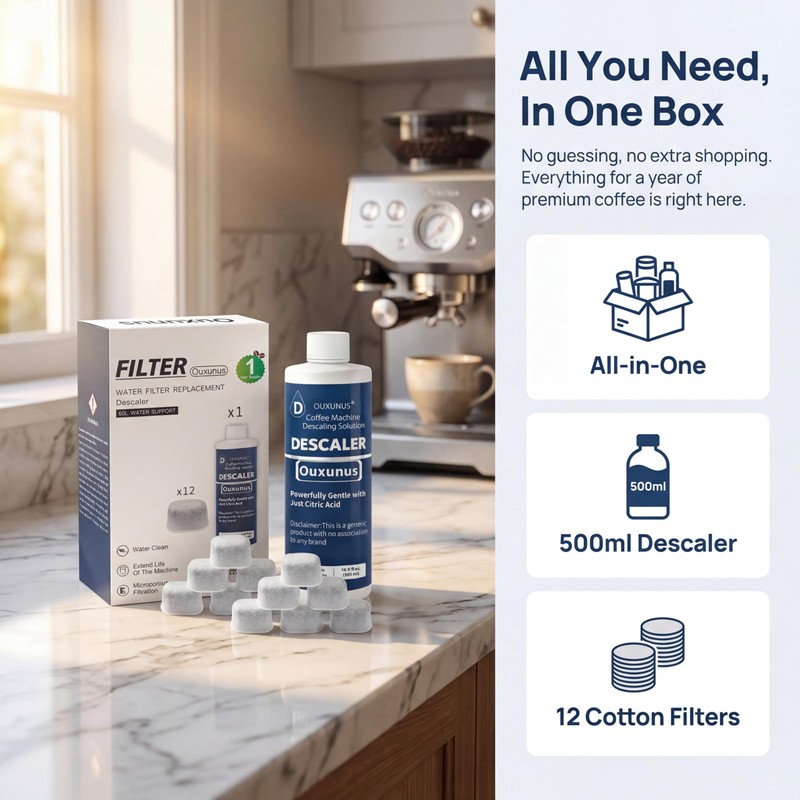 Ouxunus 12-Pack Charcoal Water Filters & 16.9 fl Oz Descaling