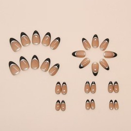 NBNTGH Black French Tip Press on Nails Short Almond Fake Nails Nude Glossy False Nails with Design Silver Line Glue on Nails Reusable Artificial Acrylic Full Cover Stick on Nails for Women Manicure 24Pcs