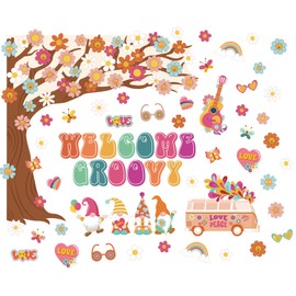 Zonon Retro Welcome Classroom Decorations Boho Groovy Welcome Tree Bulletin Board Set Welcome Hippie Daisy Cutouts for Teachers Kids Preschool Elementary Back to School Classroom Wall Decoration