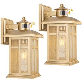 2-Pack Gold Exterior Motion Wall Sconces, Outdoor Waterproof Wall Light Fixtures Wall Mount, Dusk to Dawn Outside Lights for House with E26 Socket, Outside Lighting for Doorway, Garden, Home
