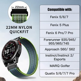 CUZOW Nylon Velcro Bands Compatible with Fenix 7/Fenix 6/6 Pro/Fenix 5/5 Plus/Epix 2, 22mm Quick Easy Fit Nylon Watch Band Breathable Replacement for Forerunner 935/945/Approach s60/S62/Quatix