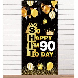 So Happy I’M 90 Today Black Gold Banner Backdrop Crown Hallo Ninetieth Cheers to 90 Years Old Theme Decor for Man Woman Happy 90th Birthday Party Photo Booth Props Decorations Favors Supplies