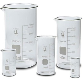 Glass Tall Form Beaker Set, 5 Sizes - 50, 100, 250, 500, and 1L, 3.3 Borosilicate Glass, Karter Scientific 213F19