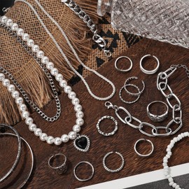 IFKM IFKM 36 Piece Silver Plated Jewelry Set - 3 Necklaces, 12 Bracelets, 7 Ear Cuffs, 14 Knuckle Rings for Women - Valentine, Anniversary, Birthday Gifts