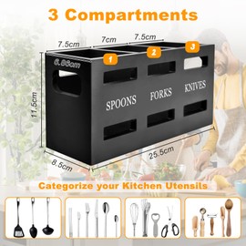 Yiomxhi Kitchen Utensil Holder for Worktop, Large 3 Compartments Cutlery Holder, Wooden Cutlery Holder, Kitchen Container for Kitchen Utensils, Black