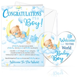 HOWAF New Baby Boy Card, New Baby Card for Birth of Boy, Congratulations Baby Boy Card, Newborn Baby Boy Cards with Acrylic Hanging Baby Keepsake for Baby Shower New Baby Gifts, Newborn Baby Gifts
