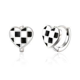 EVER FAITH Black and White Checkerboard Love Heart Huggie Hoop Earrings, S925 Enamel Classic Jewelry Checkered Flag Racing Stud Earring for Women
