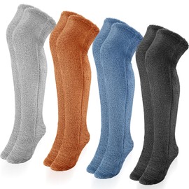 Liitrsh 4 Pairs High Fuzzy Socks Over Knee Thigh Socks Plush Slipper Stockings Winter Furry Long Leg Warmers for Women Sleep(Charming Color)