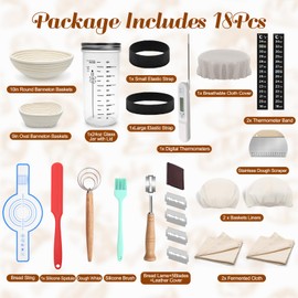 18Pcs Banneton Bread Proofing Basket Set,10 Inch Round and 9 Inch Oval Sourdough Bread Baking Supplies With Starter Jar Kit,Linen Liner, Bread Sling&Lame,Whisk,Proofing Cloth,Dough Scraper