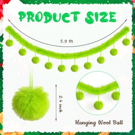 5.9 Feet Green Faux Fur Christmas Garland Decorations Xmas Lime Green Faux Fur Ribbon Trim with 10 Fluffy Balls Xmas Tree Winding Garland Furry Stripe Indoor Outdoor for Door Fireplace Table Decor