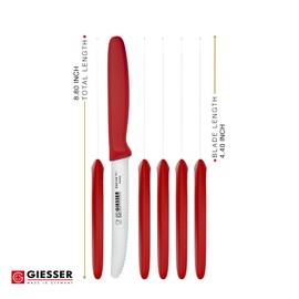 Giesser since 1776, Made in Germany, Red serrated Utility kitchen knives round tip dishwasher safe 4.5 inch - paring knife, Tomato knife, Steak knives set of 6, restaurant knife