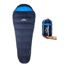 Mountrex Sleeping Bag – Small Pack Size and Ultra-Light (720 g / 1500 g) – Outdoor Summer Sleeping Bag (100 gsm) / 3 - 4 Seasons (300 gsm) Mummy Sleeping Bag – Camping, Travel, Festival – Warm and Can Be Zipped Together, blue